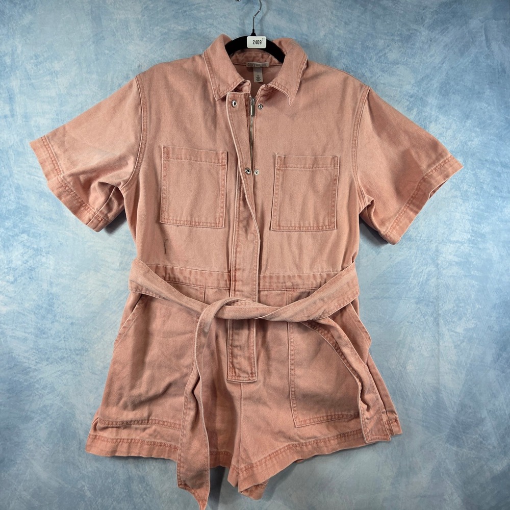 Future Collective Womens Pink Denim Utility Romper Short Sleeve Tie Waist Size M